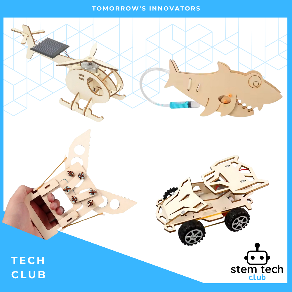 STEM Tech Club hands-on projects including engineering, robotics, and science builds.