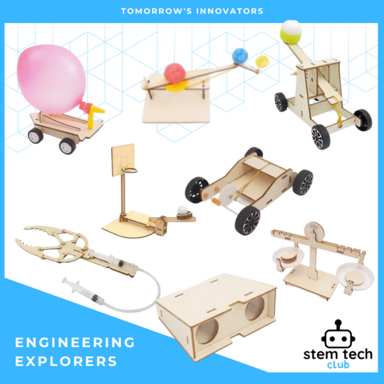 STEM Tech Club Engineering Explorers Kits including catapult, balloon car, pneumatic hand, and balance scale for Prep–Year 2 students.