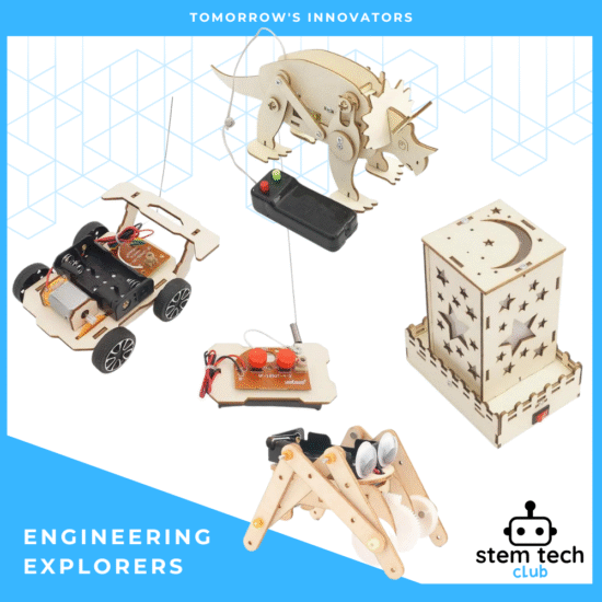 STEM projects for Years 3–6 including remote controlled car, motorised dinosaur, mood light, and bionic spider robot.