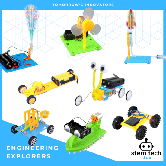 Reusable STEM Club Kits featuring solar car, air rocket, robot crawler, and more from the Engineering Explorers Kit for Prep–Year 2 students.